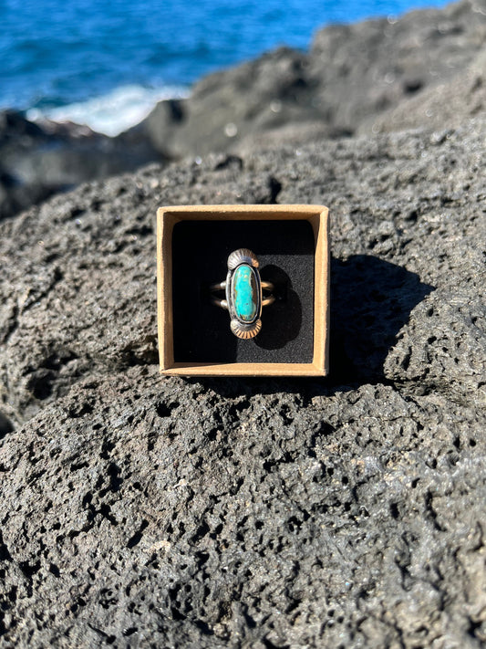 Hubei Turquoise Sterling Silver Ring Size 5 - Black and Baby Blue Oval Turquoise Ring with silver accents