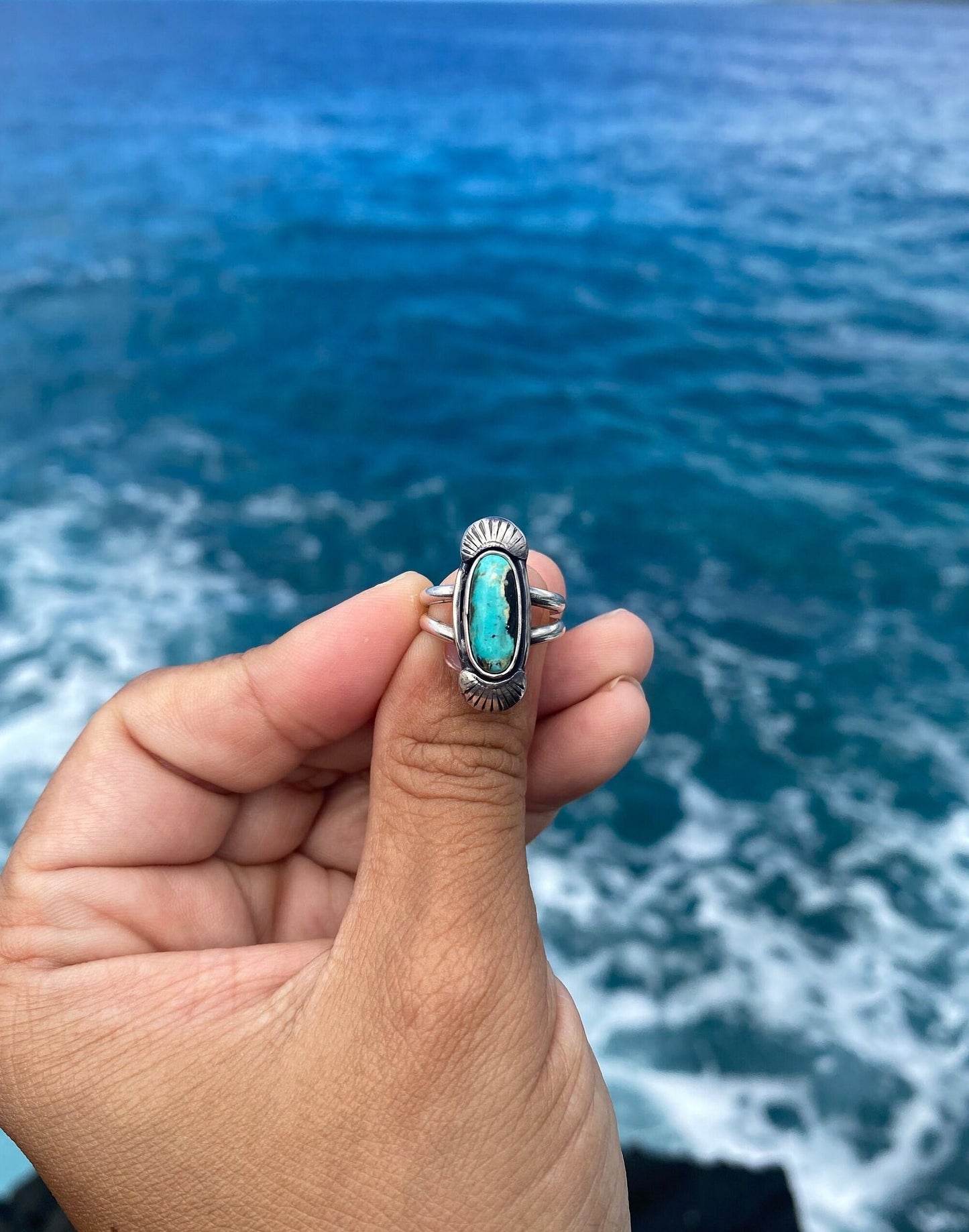 Hubei Turquoise Sterling Silver Ring Size 5 - Black and Baby Blue Oval Turquoise Ring with silver accents