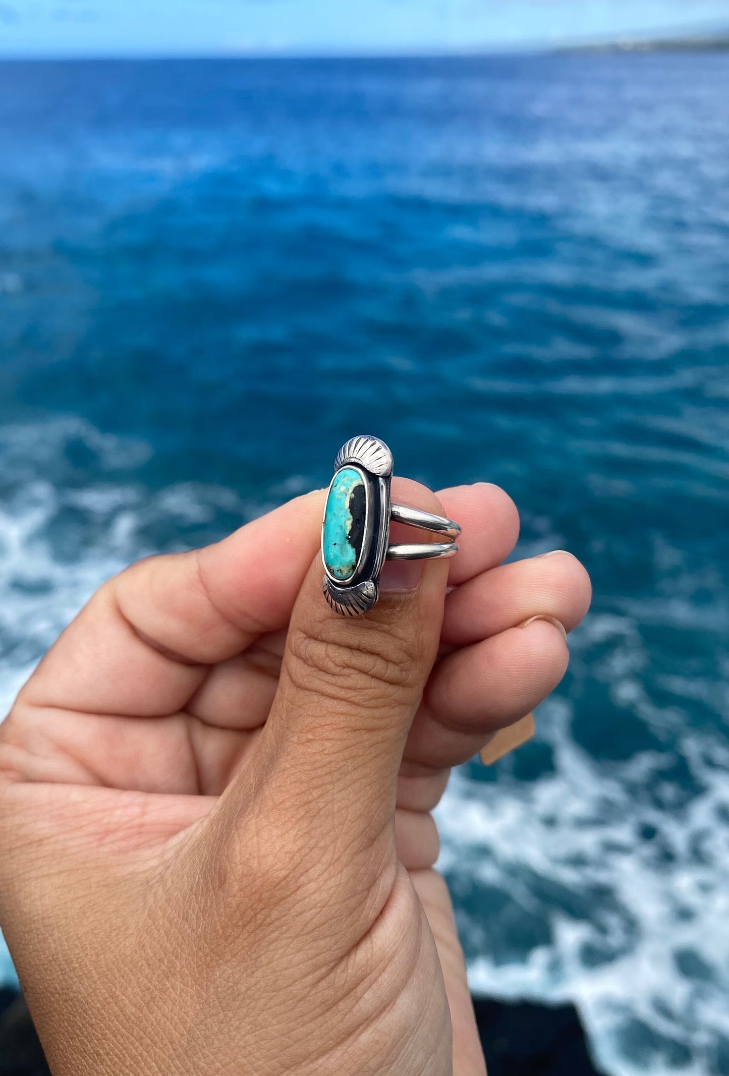 Hubei Turquoise Sterling Silver Ring Size 5 - Black and Baby Blue Oval Turquoise Ring with silver accents
