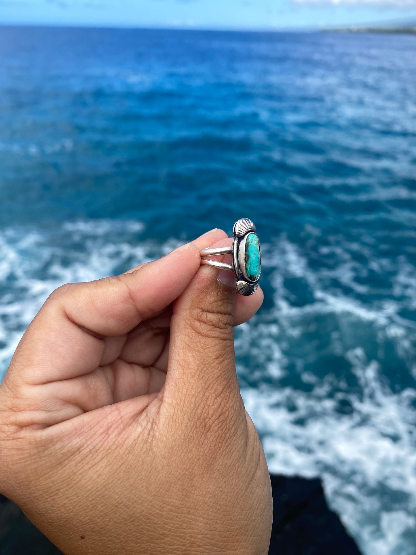 Hubei Turquoise Sterling Silver Ring Size 5 - Black and Baby Blue Oval Turquoise Ring with silver accents