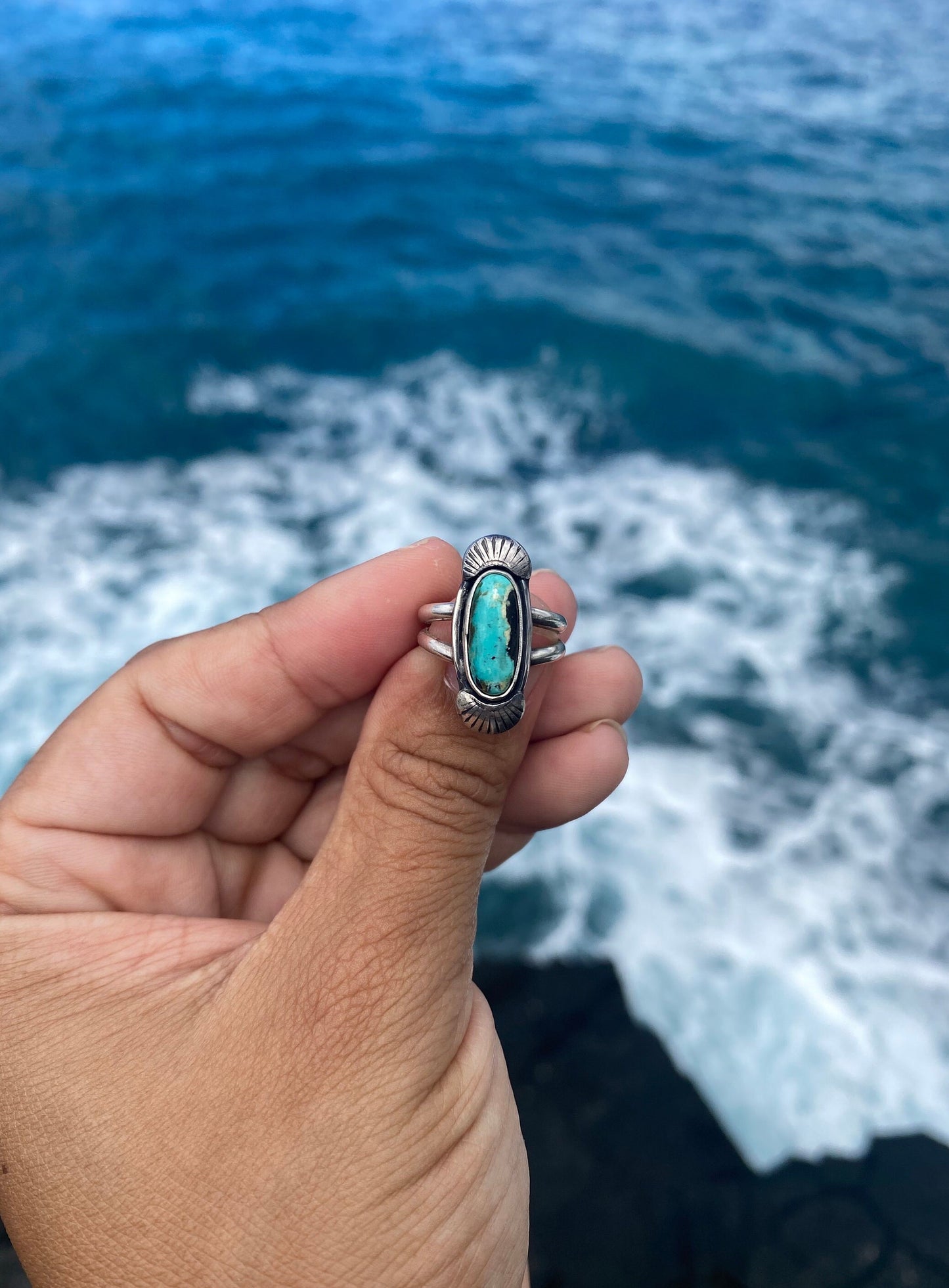 Hubei Turquoise Sterling Silver Ring Size 5 - Black and Baby Blue Oval Turquoise Ring with silver accents