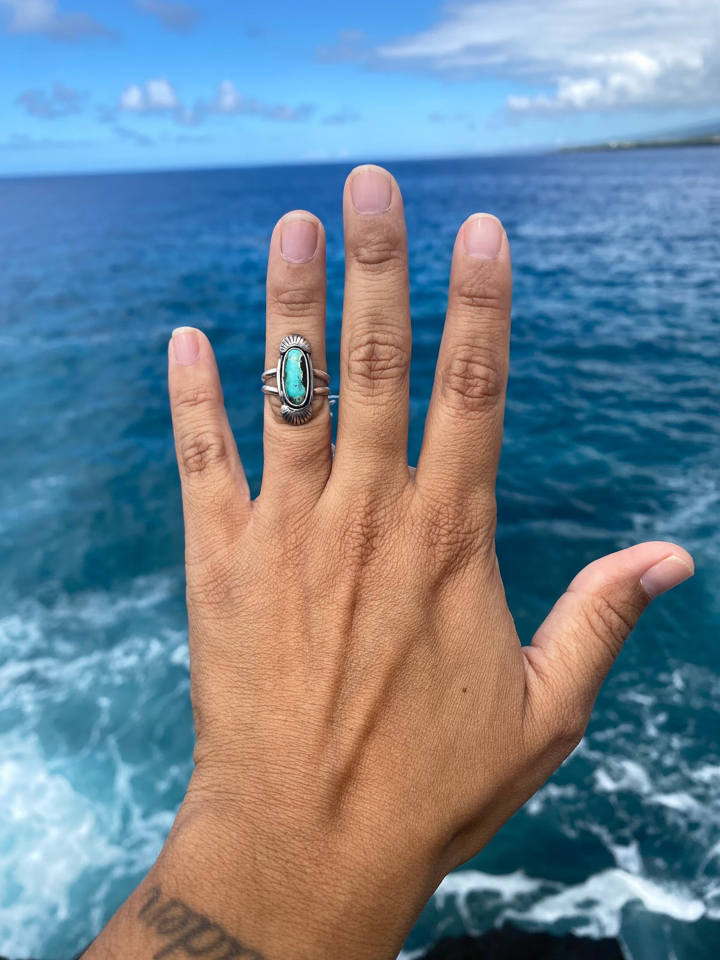 Hubei Turquoise Sterling Silver Ring Size 5 - Black and Baby Blue Oval Turquoise Ring with silver accents